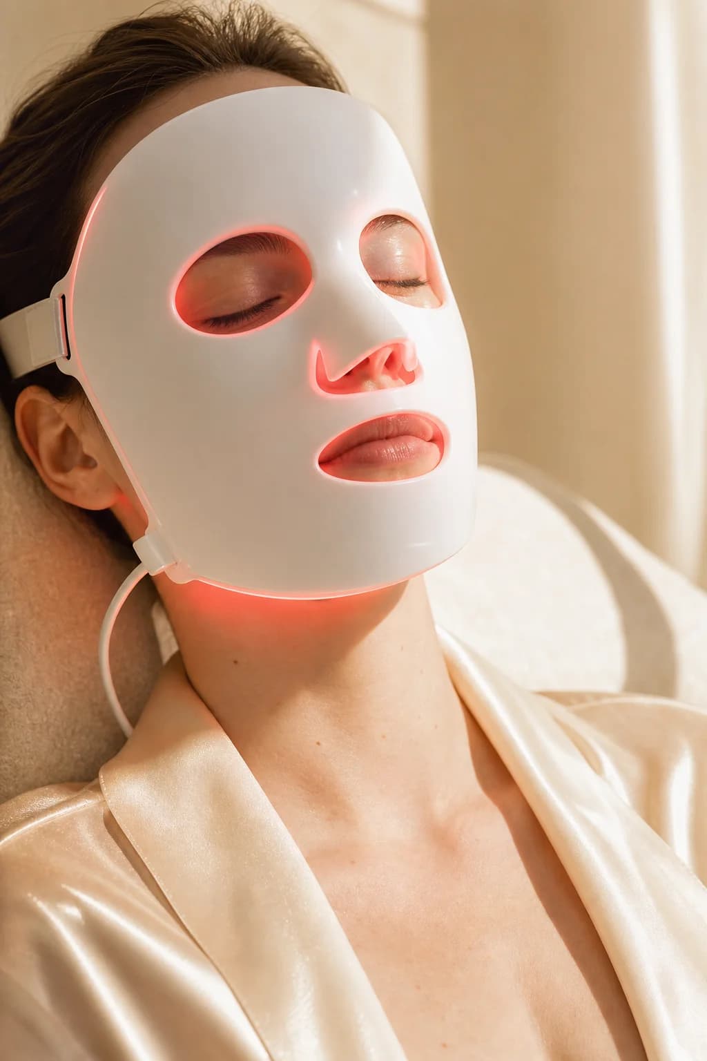 Woman wearing Radia LED therapy mask in editorial soft light