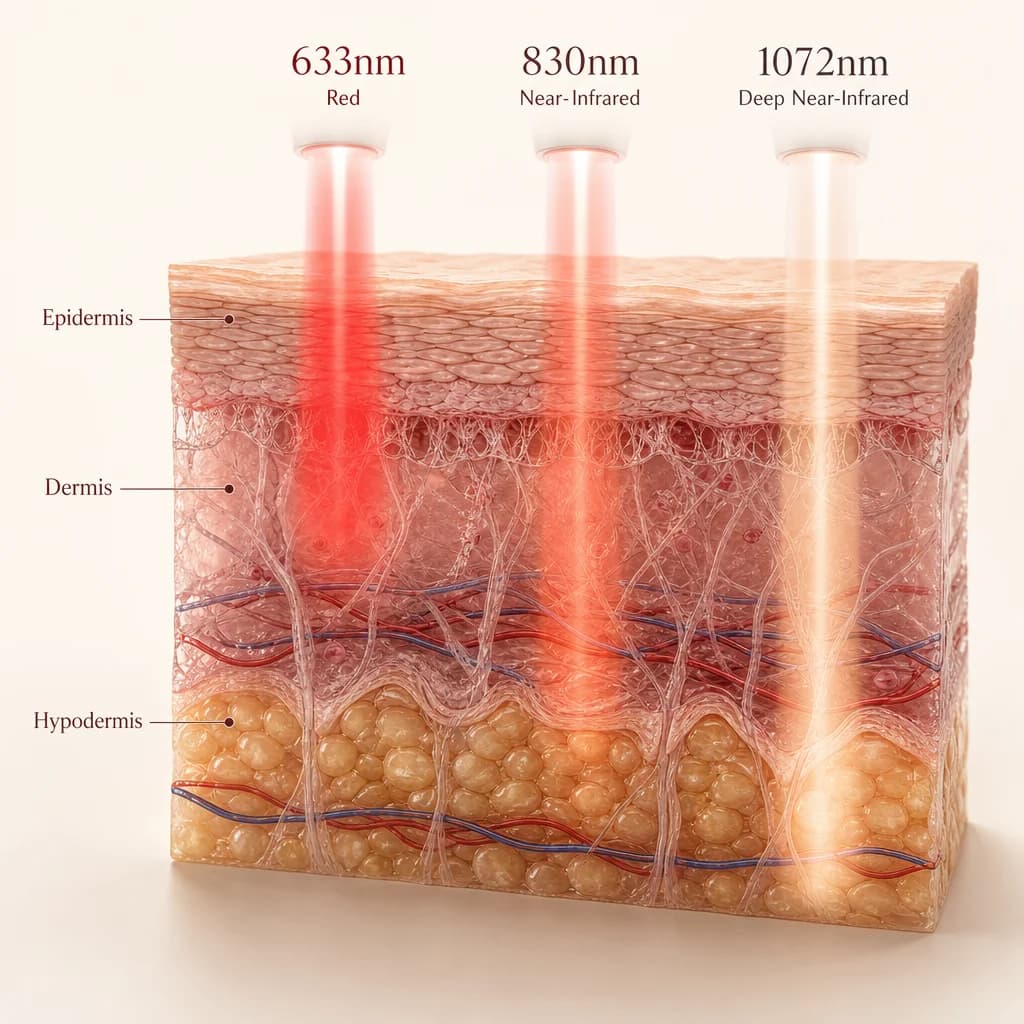633nm, 830nm and 1072nm wavelengths penetrating epidermis, dermis and hypodermis layers